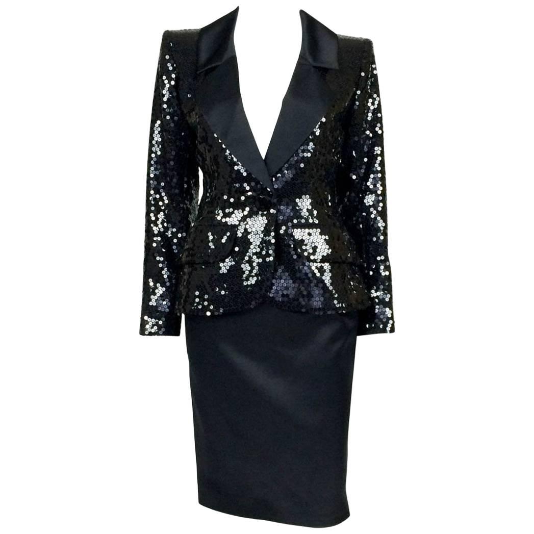 1980 Yves Saint Laurent Le Smoking Sequin Jacket, Long and Short Skirt Suit For Sale