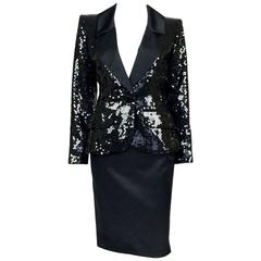 Retro 1980 Yves Saint Laurent Le Smoking Sequin Jacket, Long and Short Skirt Suit