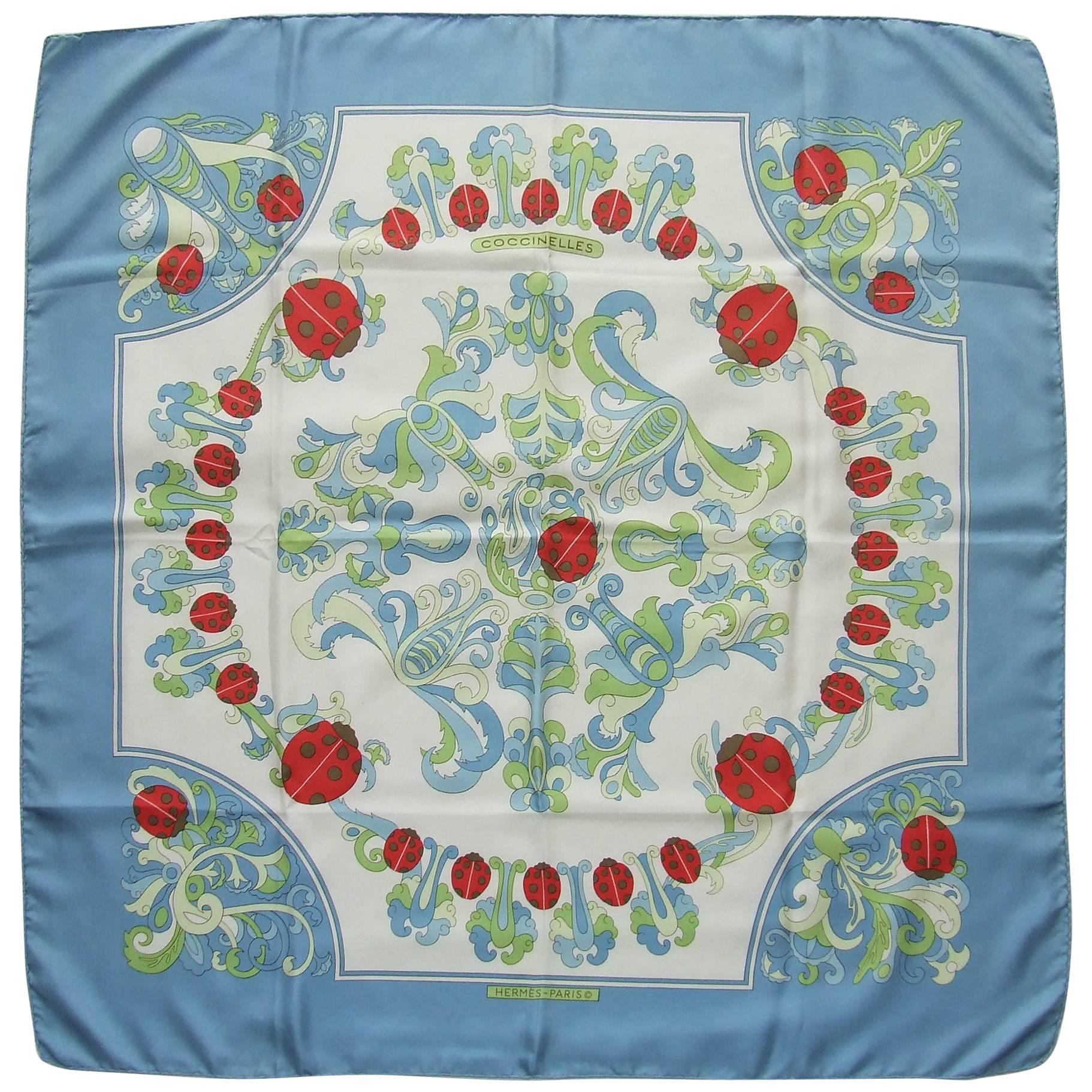 Rare Hermes Silk Scarf Coccinelles Ladybugs Karin Swildens White 88 cm