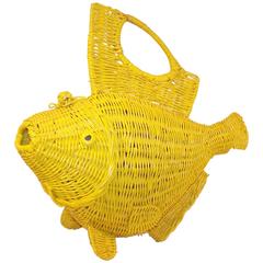 Retro Whimsical 1950's Large Yellow Wicker Fish Novelty Handbag