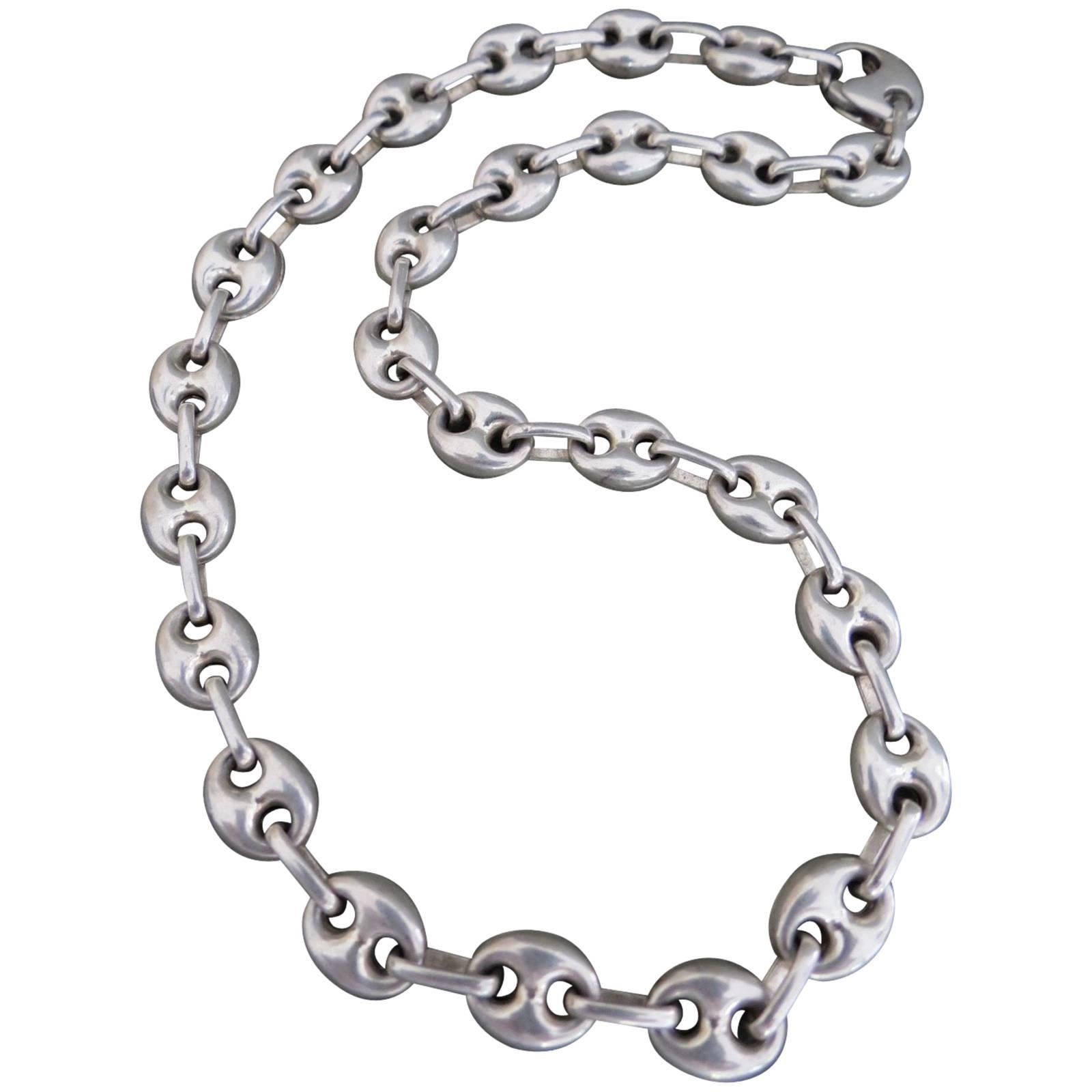 Vintage Modernist Silver Chain Link Necklace Mid Century Danish Choker 
