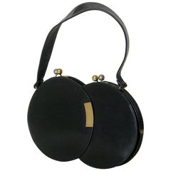 Koret Black Leather Handbag with Double Bubbles Shape and Kiss Lock Clasps