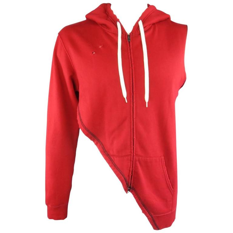 NUMBER (N)INE Size L Red Distressed Cotton Asymmetrical Hoodie ...