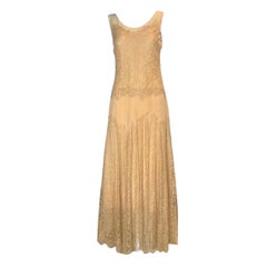1930s Vintage Peach Silk Crepe Lace Evening Gown, Excellent Condition
