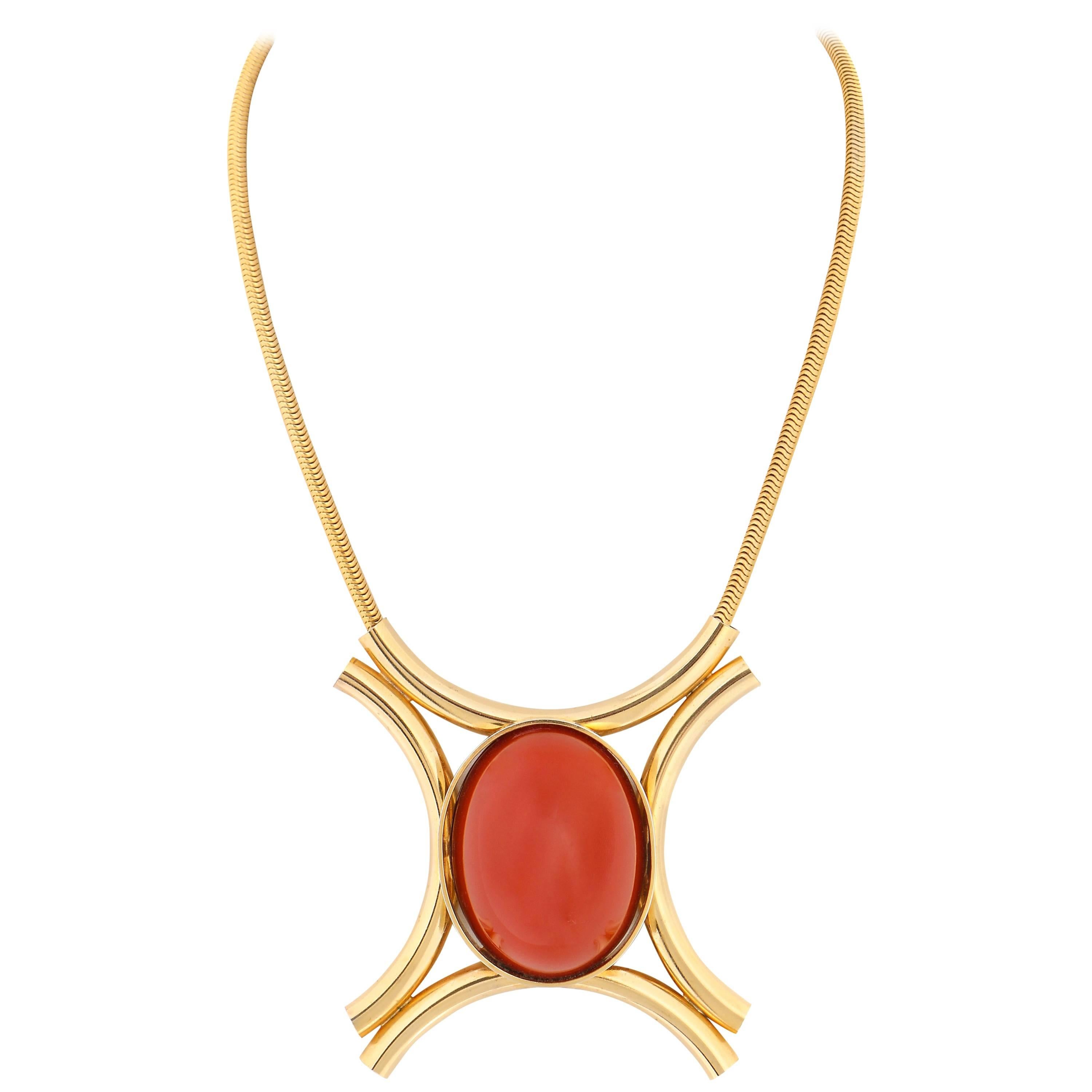 JULIANA D&E c.1970's Burnt Orange Cabochon Gold Tube Modernist Pendant Necklace For Sale