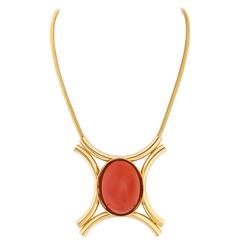 JULIANA D&E c.1970's Burnt Orange Cabochon Gold Tube Modernist Pendant Necklace 12