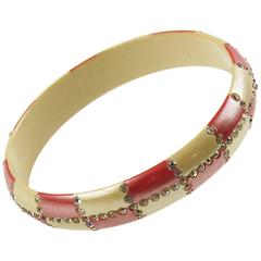 Vintage 1920s French Celluloid Bracelet Bangle Geometric Sparkled Rhinestones 2