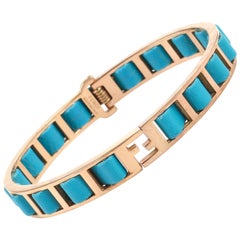 FENDI S/S 2011 "Fendista" Teal Blue Woven Nappa Leather Gold Bangle Bracelet