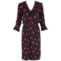 1970's Yves Saint Laurent Black Crepe Printed Dress with Ruffle Trim 5