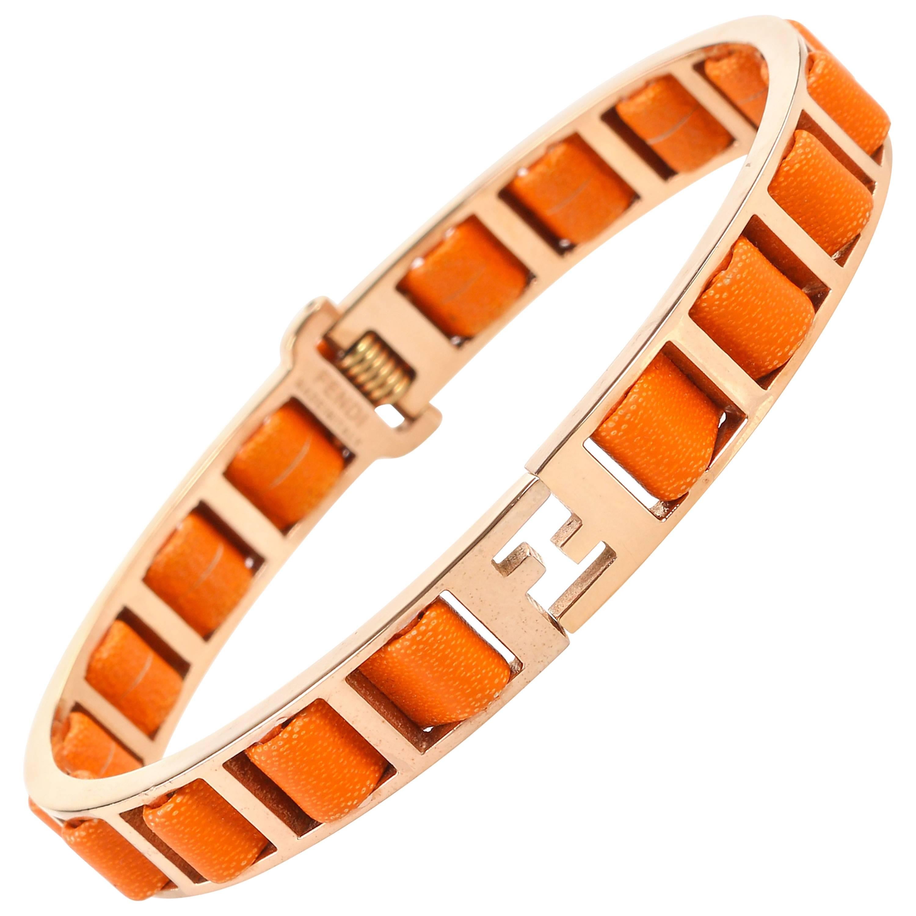 FENDI S/S 2011 "Fendista" Orange Woven Nappa Leather Gold Bangle Bracelet