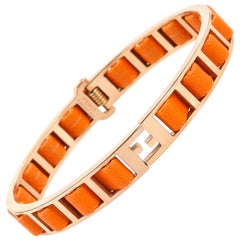 FENDI S/S 2011 "Fendista" Orange Woven Nappa Leather Gold Bangle Bracelet