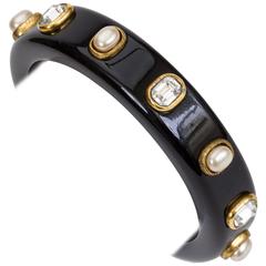 Chanel Black Bangle Bracelet with Pearls and Crystals 8