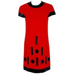 1969 Pierre Cardin Documented Red Wool & Black Vinyl Space-Age Mod Dress