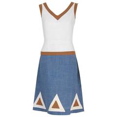 1969 Louis Feraud Graphic Block-Color Linen Deco Applique Drop-Waist Mod Dress