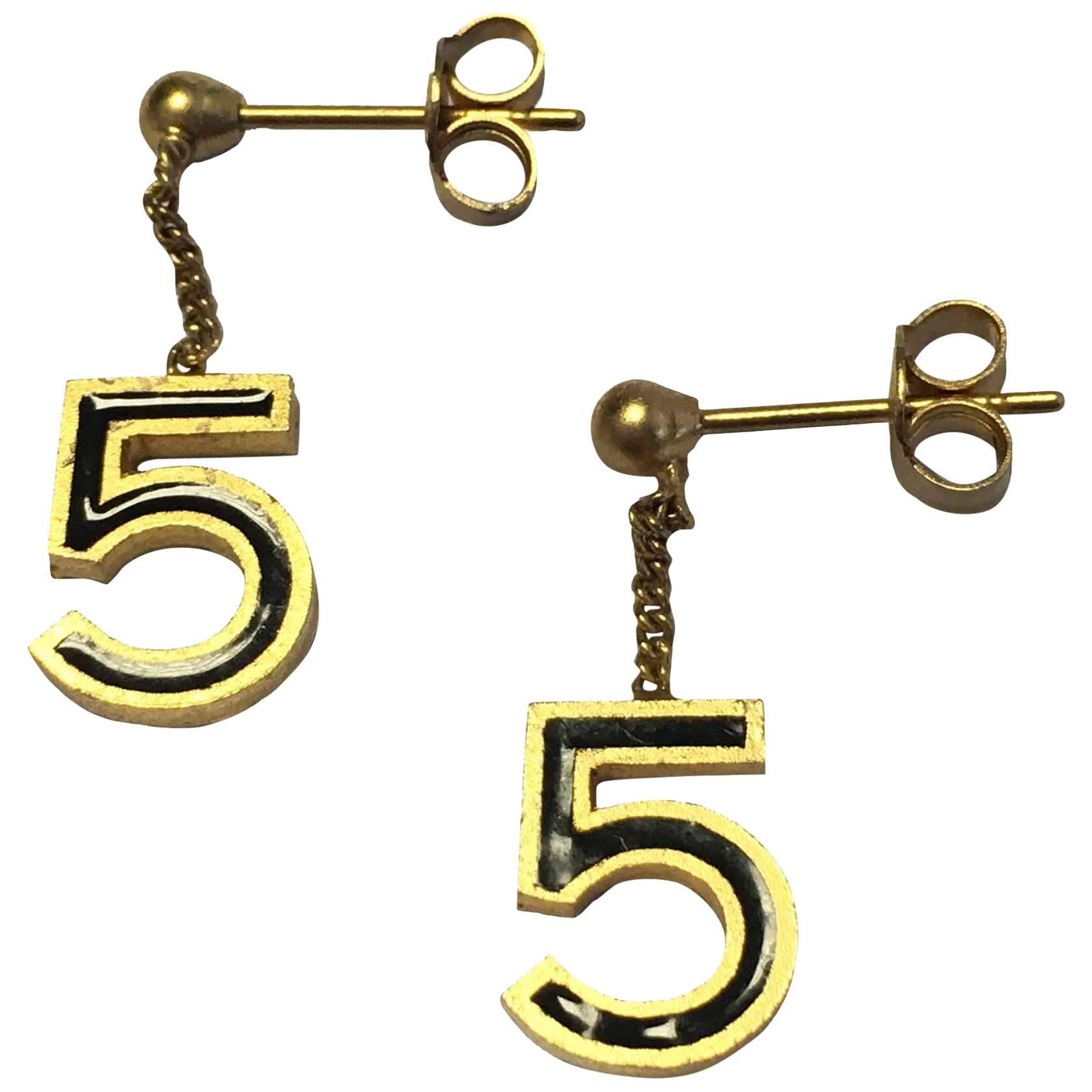 Chanel '5' Ear Studs in Gilt Metal and Black Resin