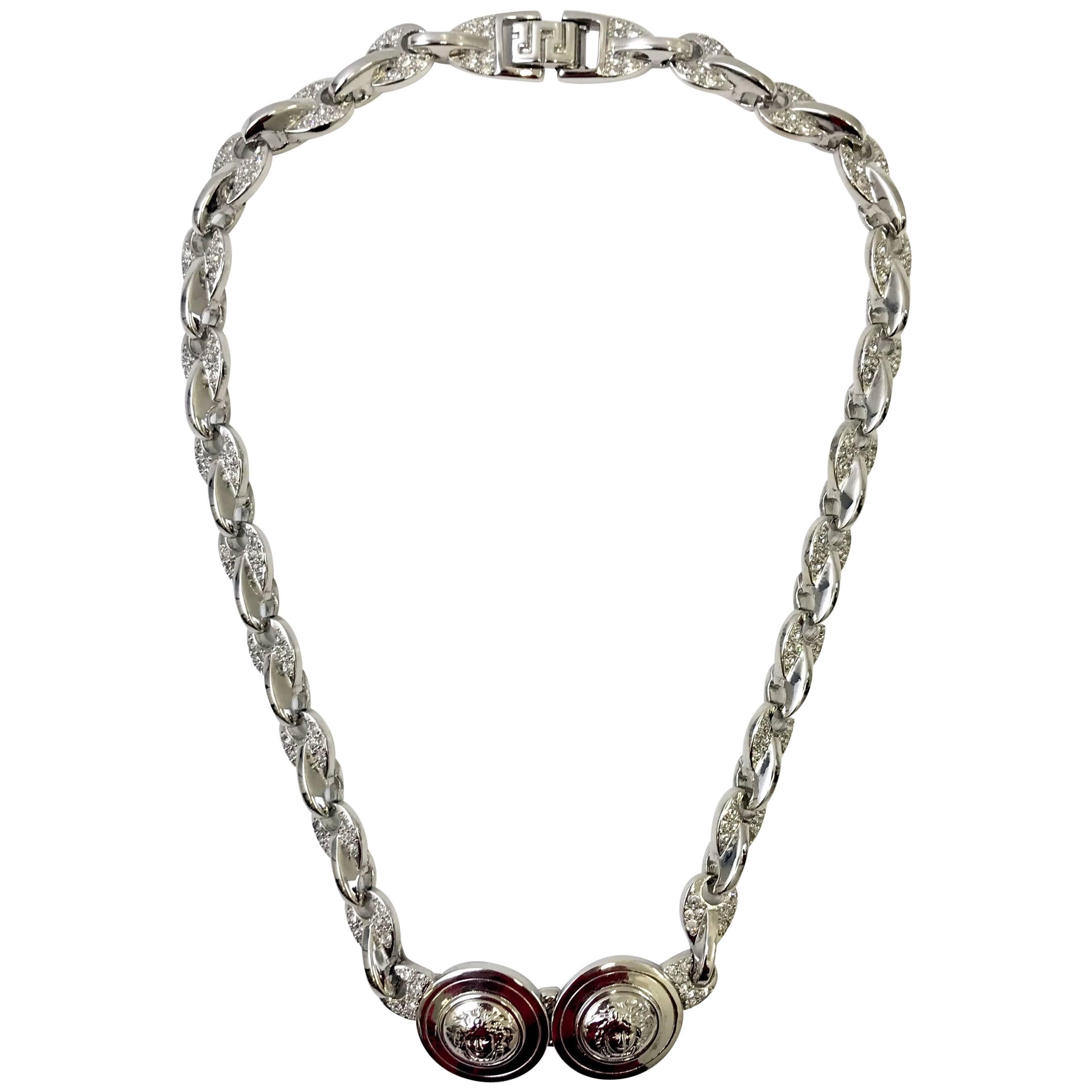 Gianni Versace silver double medusa head necklace with rhinestones, 1990s  For Sale