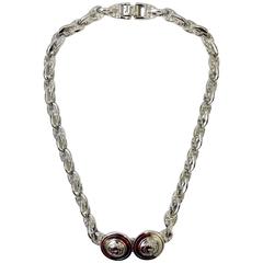 Used Gianni Versace silver double medusa head necklace with rhinestones, 1990s 