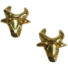 Vintage CHRISTIAN LACROIX Bull Head Earrings Clips in Gilt Metal