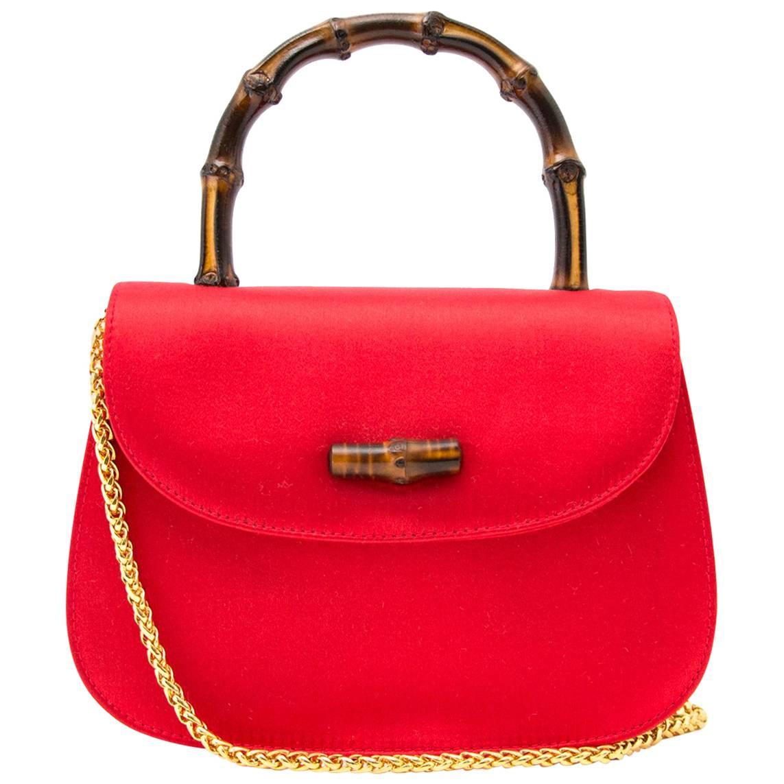 Vintage Gucci Satin XXS Red Mini Bag with Bamboo Handle & Gold Chain