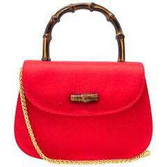 Vintage Gucci Satin XXS Red Mini Bag with Bamboo Handle & Gold Chain 