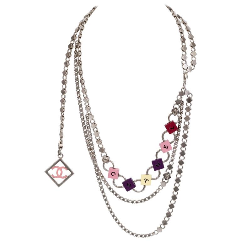 Chanel Silver Tone Triple Charm Belt Necklace For Sale at 1stDibs