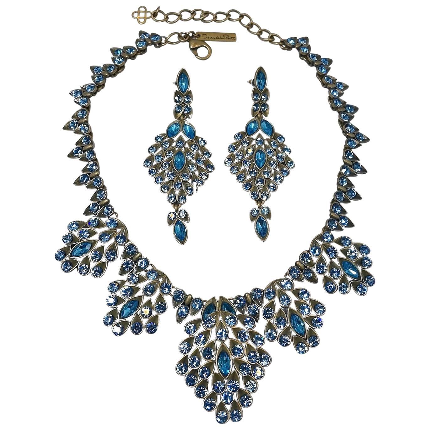 Vintage Oscar De La Renta Peacock Crystal Necklace & Earring Set