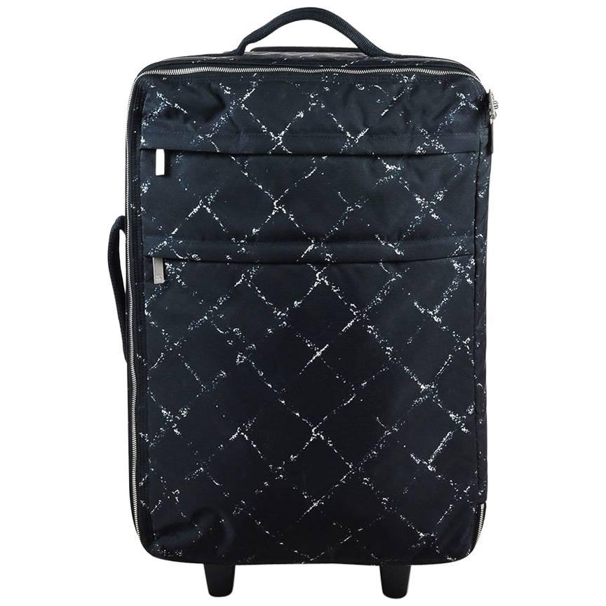 Chanel Black White Canvas Graphic Diamond Print Travel Rolling Suitcase Bag For Sale