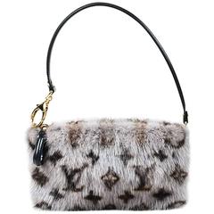 Louis Vuitton Gray Brown Black Mink Fur Monogram "Milla MM" Pouch Wristlet Bag