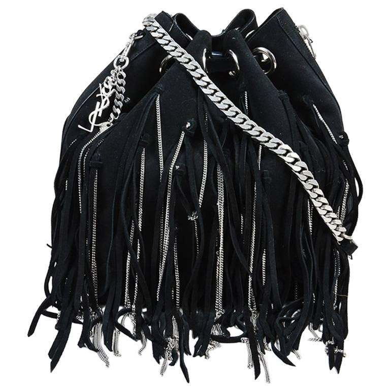 Saint Laurent Black Suede Silver Tone Chain Link Fringe Hobo Bag For Sale