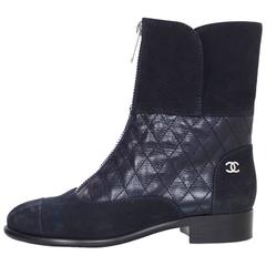 Chanel Navy Suede & Quilted Leather Zip Front Boots sz 37