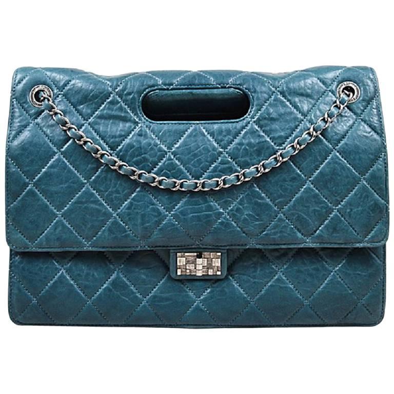 Chanel Teal Lambskin Leather Quilted Double Flap Maxi "Takeaway" Bag For Sale