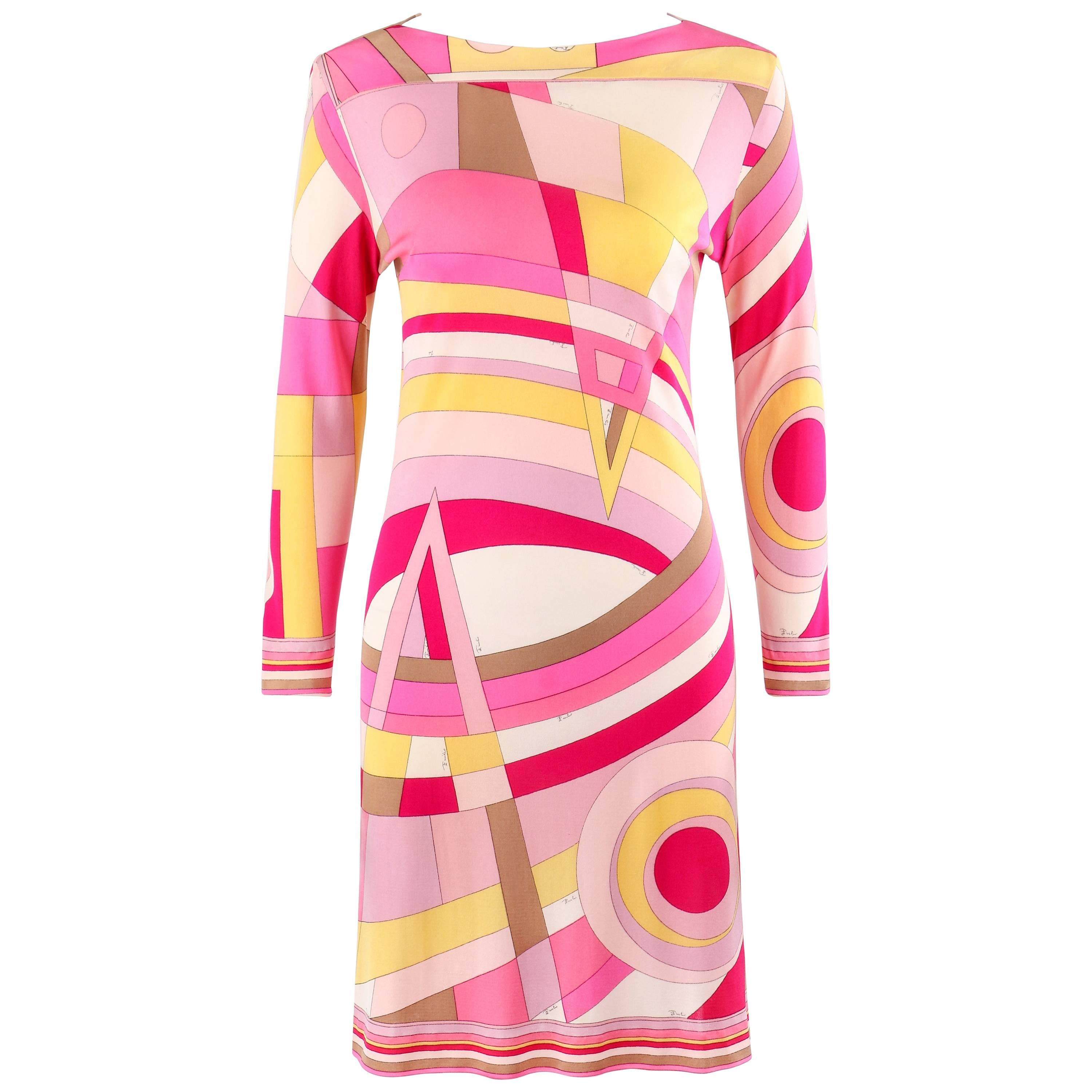 EMILIO PUCCI c.1968 Pink Multicolor Op Art Signature Print Silk Shift Dress For Sale