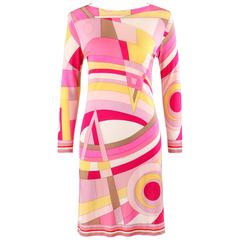 EMILIO PUCCI c.1968 Pink Multicolour Op Art Signature Print Silk Shift Dress