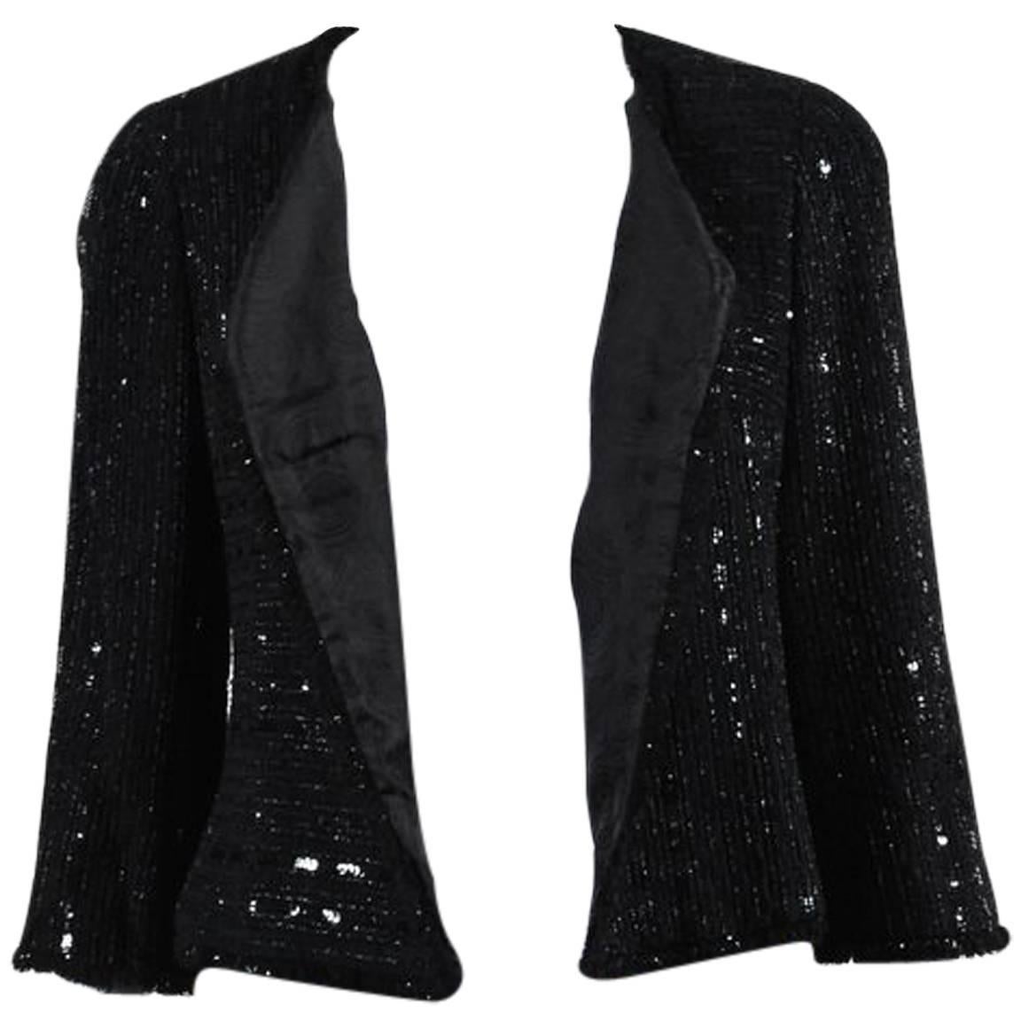 Chanel 00C Black Knit Metallic Sequin Striped Fringe Trim Jacket SZ 42 For Sale