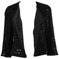Chanel 00C Black Knit Metallic Sequin Striped Fringe Trim Jacket SZ 42