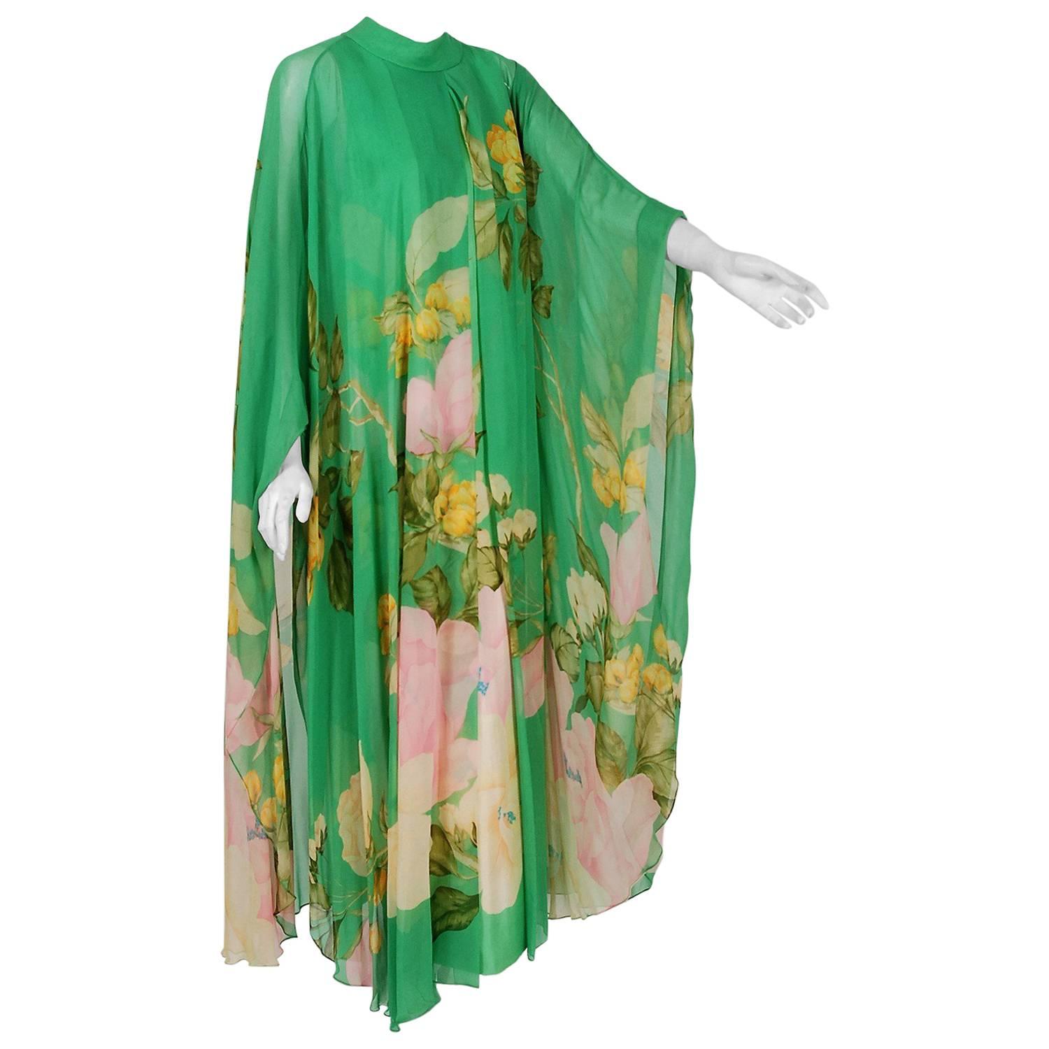 1970's Hanae Mori Couture Green Floral Garden Silk-Chiffon Caftan Dress Gown