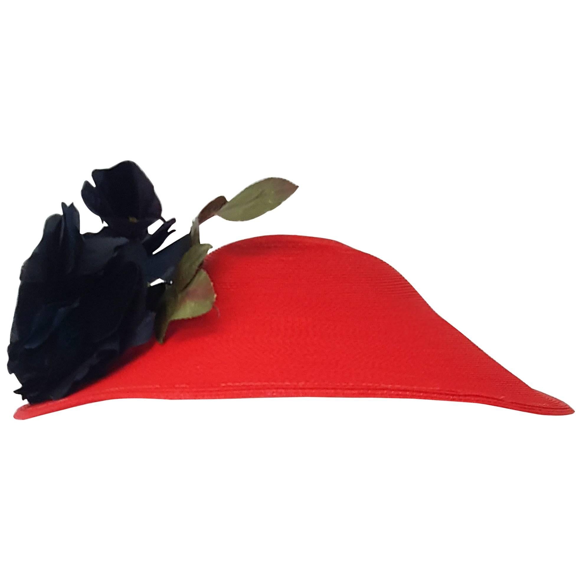 1950s Joseph Magnin Red Dish Hat w/ Black Rose