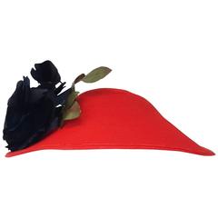 Retro 1950s Joseph Magnin Red Dish Hat w/ Black Rose