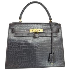 Hermes Dark Brown Shiny Crocodile Kelly 28 cm With Gold Hardware