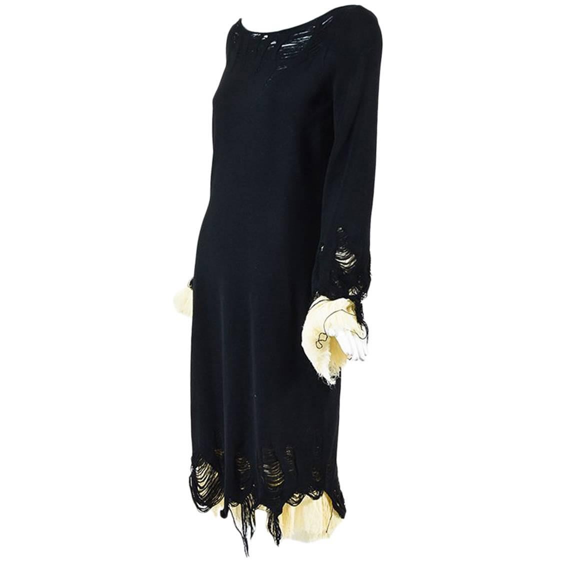 Alexander McQueen RUNWAY Black & Cream Wool & Silk Distressed Knit Dress SZ L For Sale