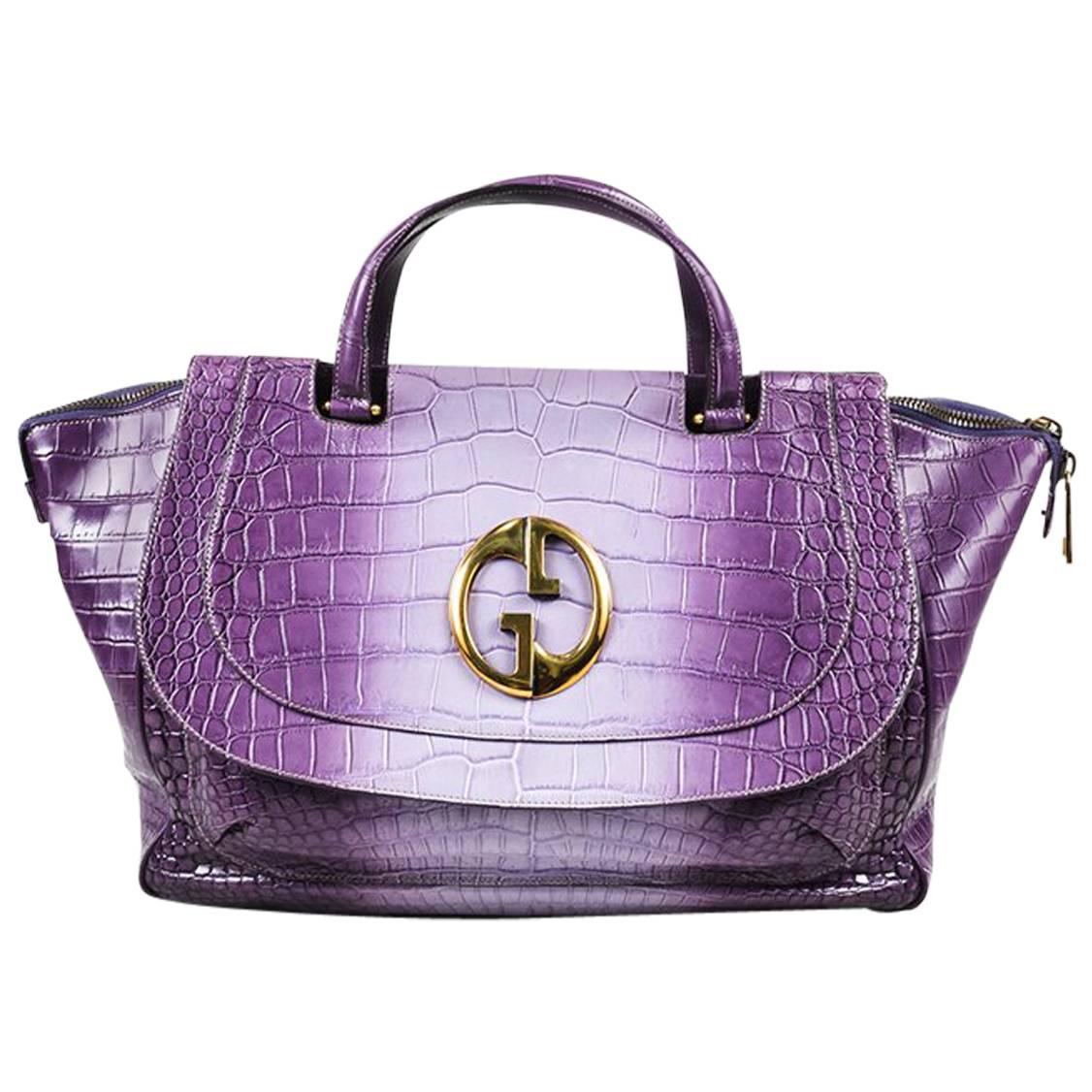 Gucci Purple Crocodile Belly Gold Tone 'GG' "1973" Double Handle Bag For Sale