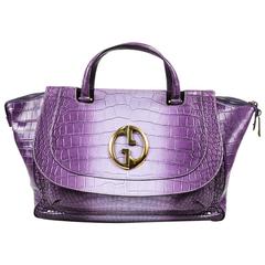 Gucci Purple Crocodile Belly Gold Tone 'GG' "1973" Double Handle Bag