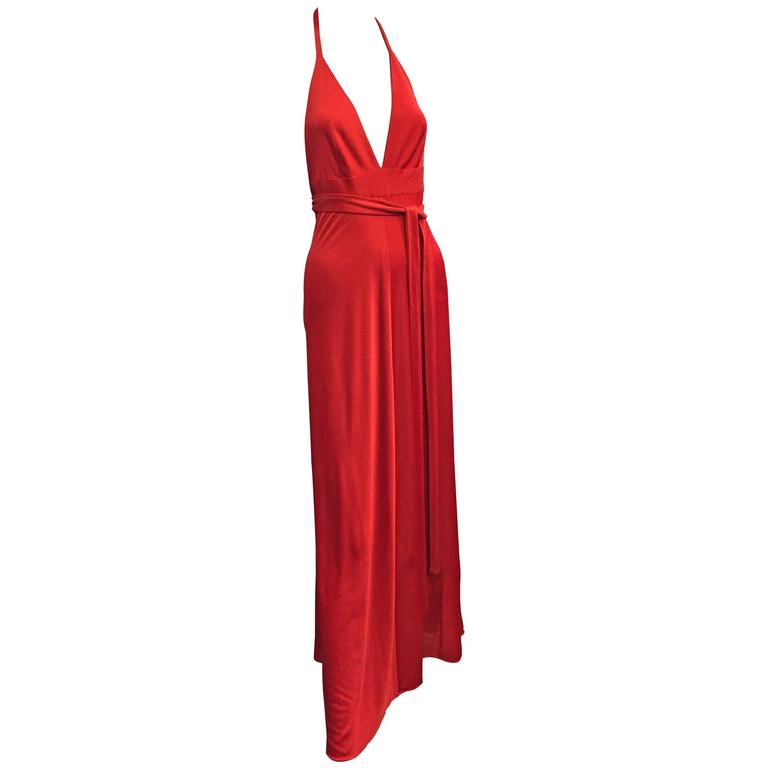 1970's Esteban Red Jersey Back Wrap Halter Jersey Maxi Dress at 1stDibs ...