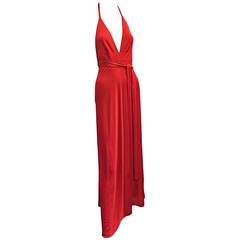 1970's Esteban Red Jersey Back Wrap Halter Jersey Maxi Dress 