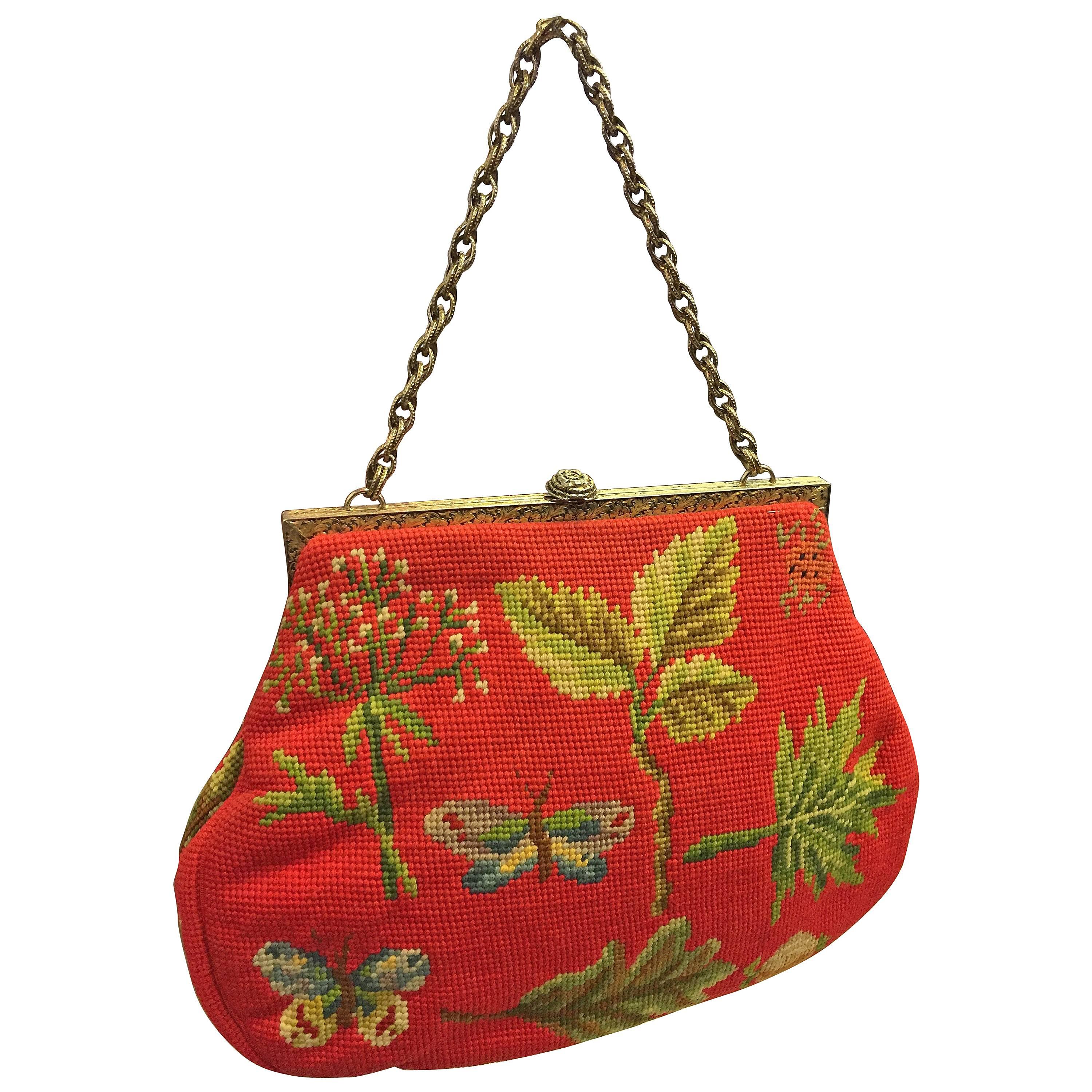 1950's Scarlet Red Maud Hundley Needlepoint Purse with Butterflies 