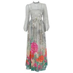1970's Hanae Mori Couture Grey Floral Silk Chiffon Billow-Sleeve Illusion Gown 9