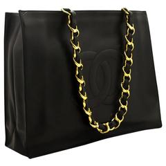 CHANEL Jumbo Large Big Chain Shoulder Bag Black Lambskin Tote 12