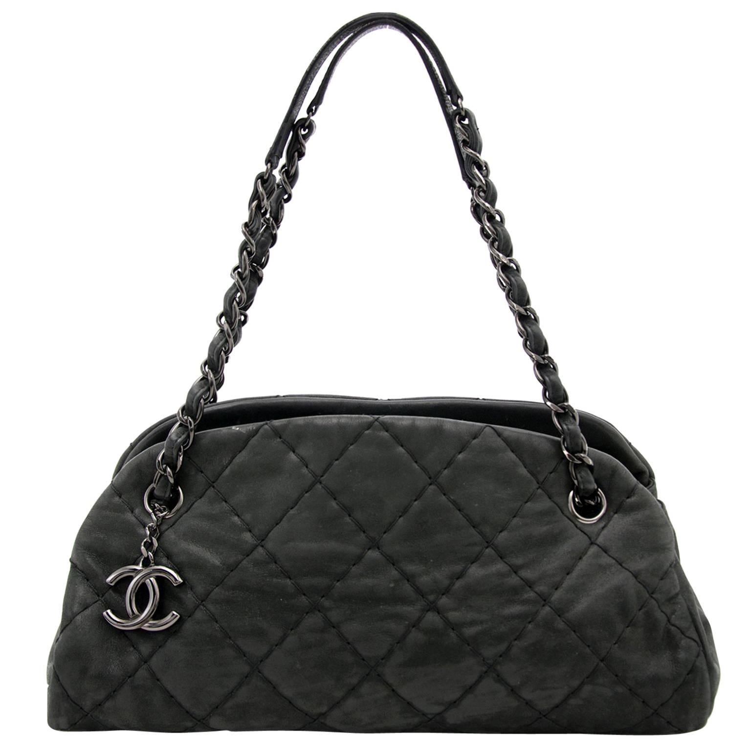 Chanel Black Glazed Calfskin Just Mademoiselle Medium Bowling Bag 