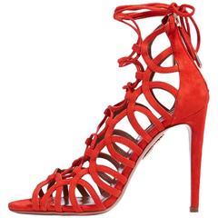 Aquazzura New Cashmere Suede Tie Up Cut Out Strappy Sandals Heels in Box