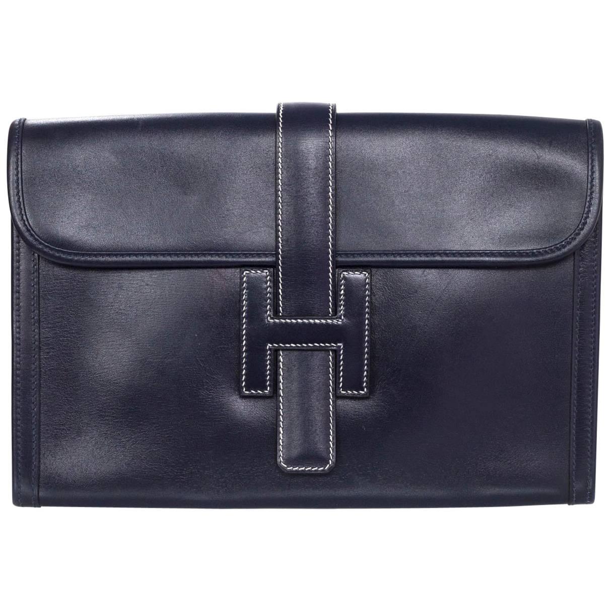 Hermes Navy Leather Jige H PM 29cm Clutch Bag